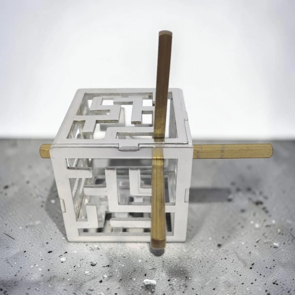 VTG Oskar's Maze Puzzle Oskar van Deventer Bits And Pieces Metal Cube Brass Rod